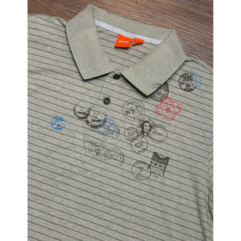 Hugo Boss Orange Label Mens Striped Passport Stamp Graphic Polo Shirt Sz 2XL